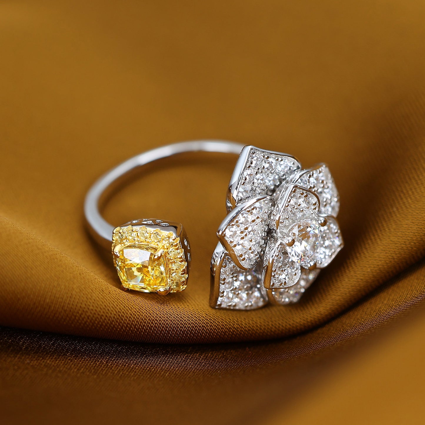 Micro-setting Yellow diamond color Lab created stones Camellia open ring, sterling silver