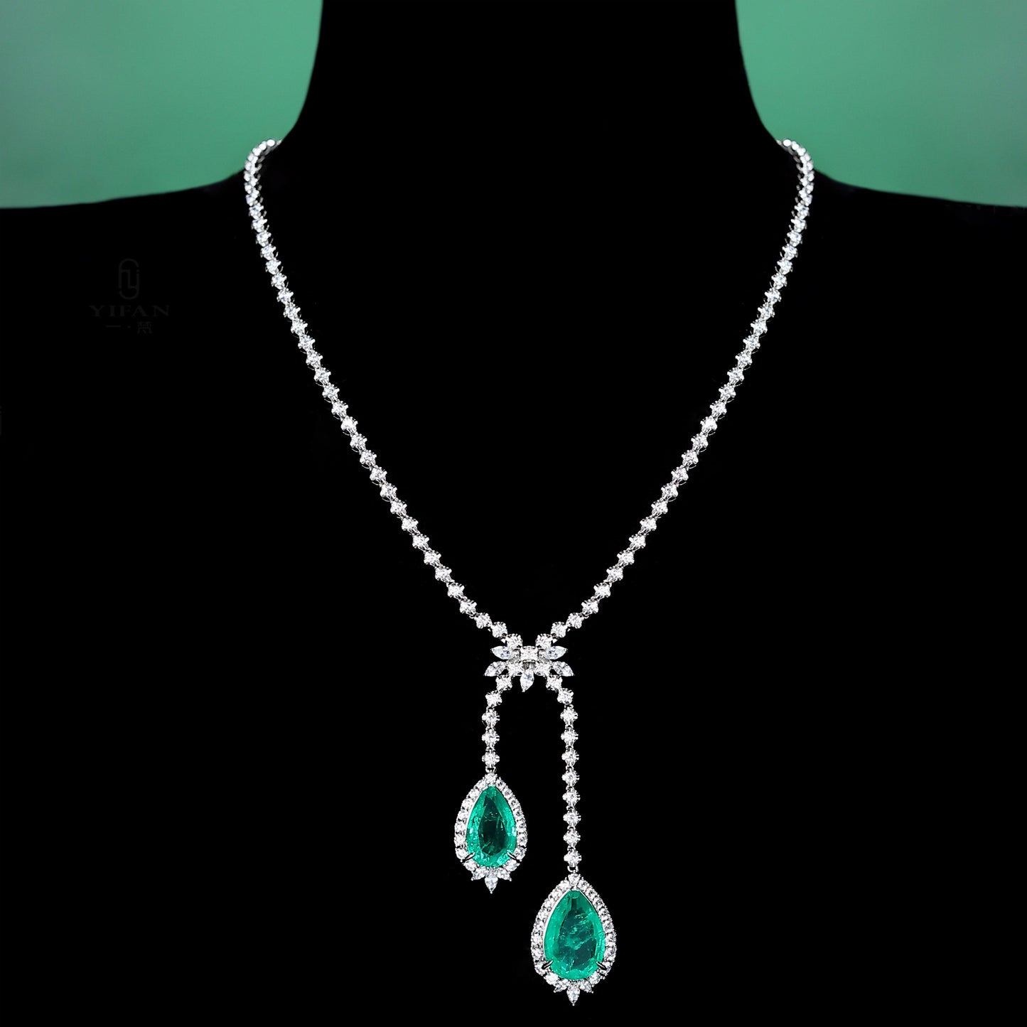 Micro-setting Emerald color Lab created stones 2 Drops tennis chain necklace, sterling silver