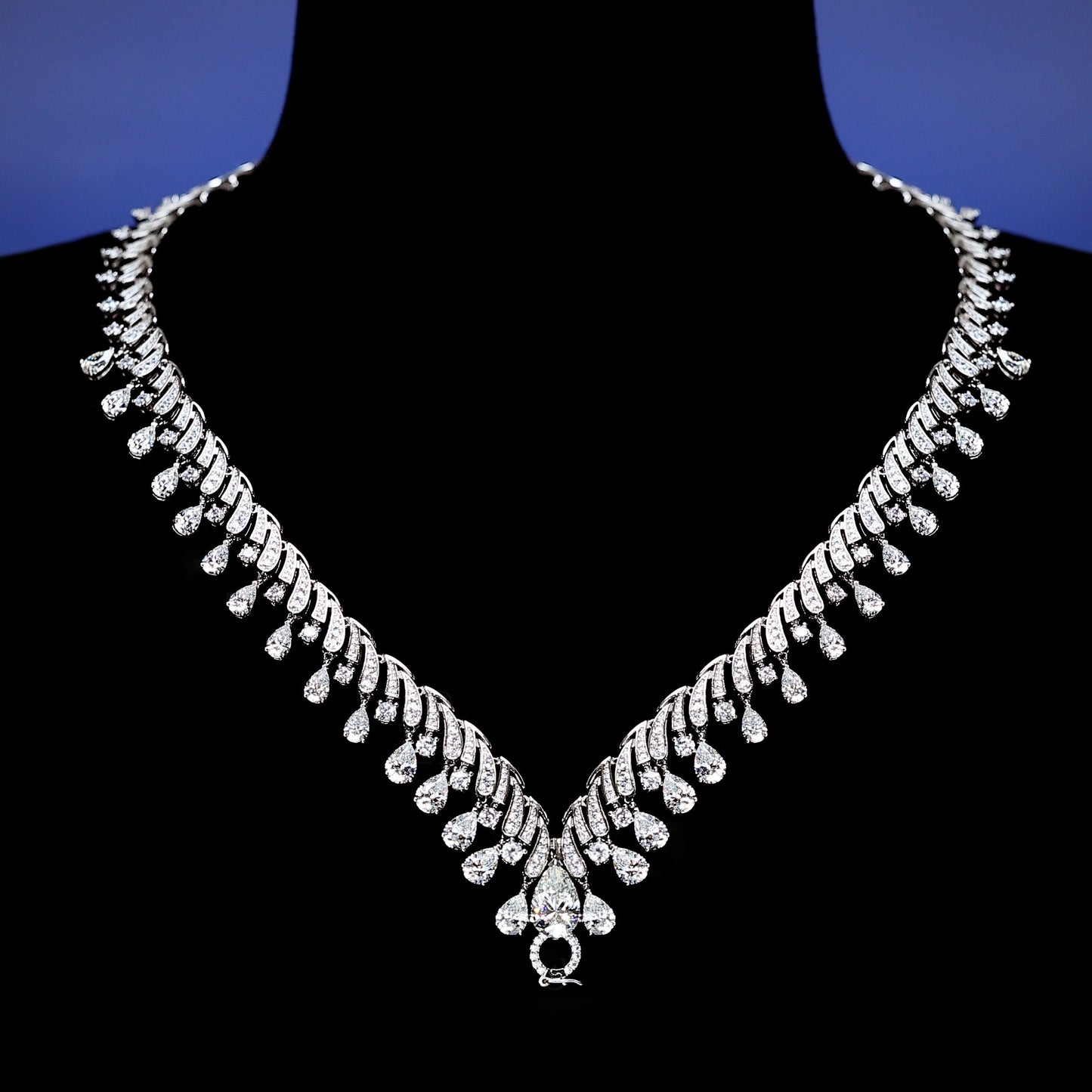 Limited edition Micro-setting Clear diamond color Lab created stones tassel waterdrop multi-purpose Queen Style chain necklace, sterling silver