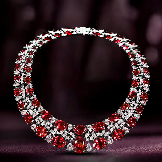 Micro-setting diamond and Ruby color Lab created stones Oval shape luxury evening necklace, sterling silver.