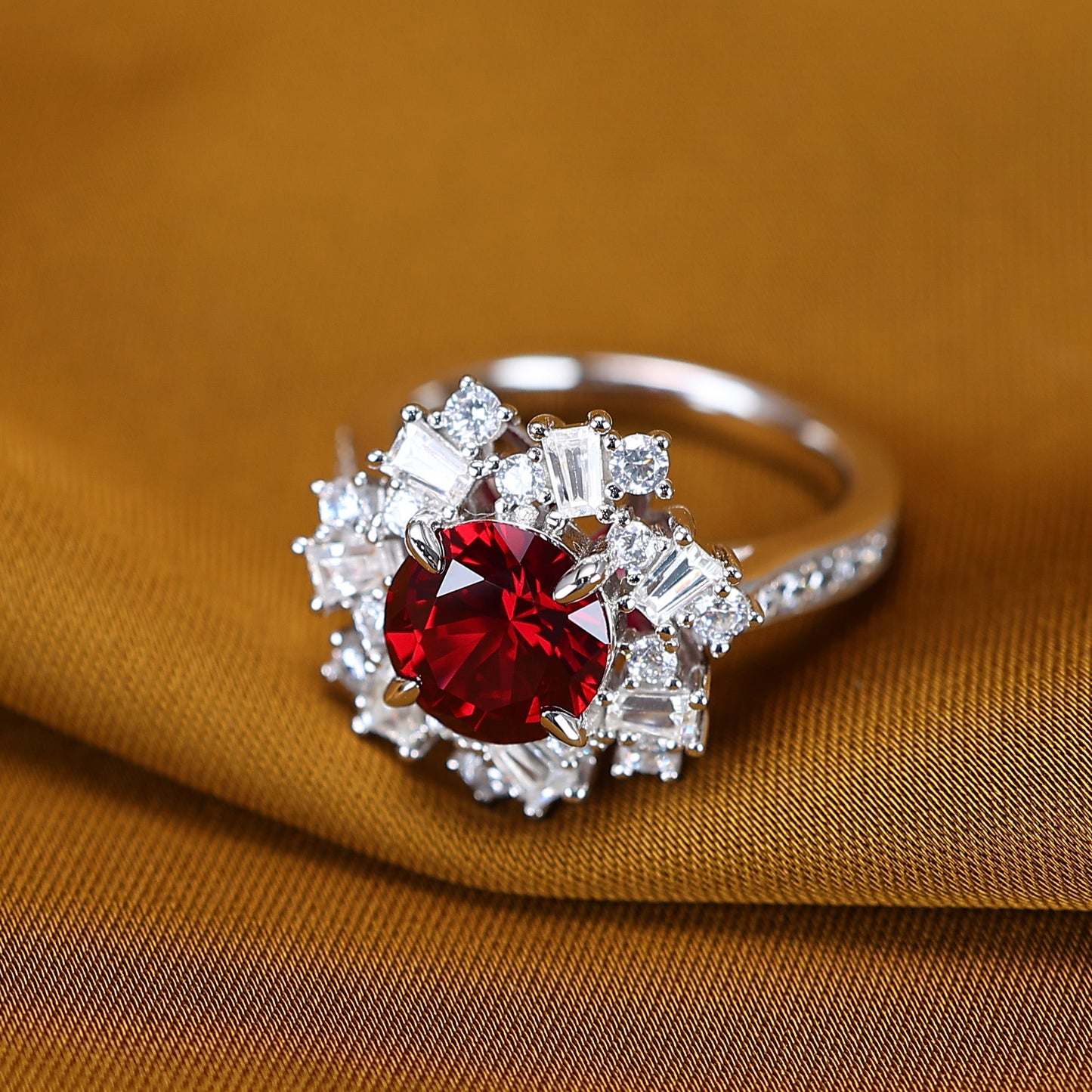 Micro-setting Ruby color irregular detailed ring, sterling silver