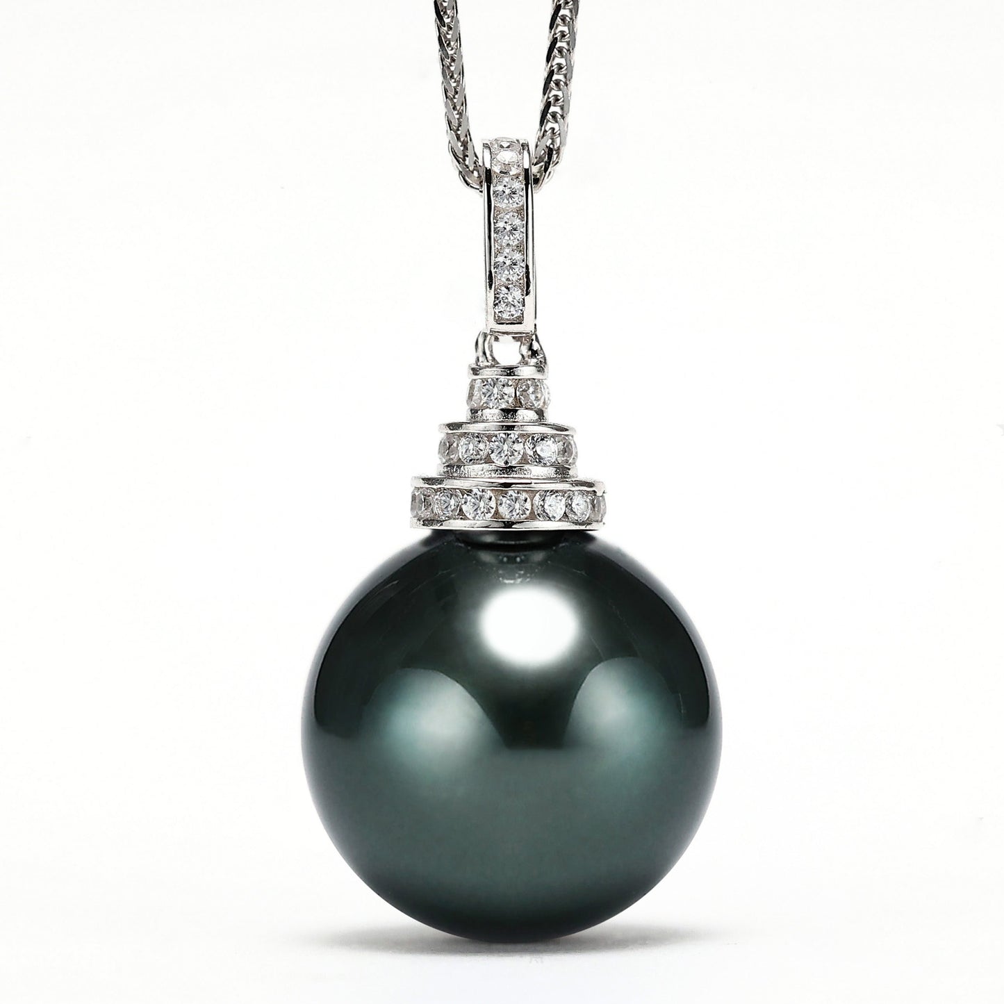 Micro-setting lab created stones blackish green Shell Pearl Classic necklace, sterling silver