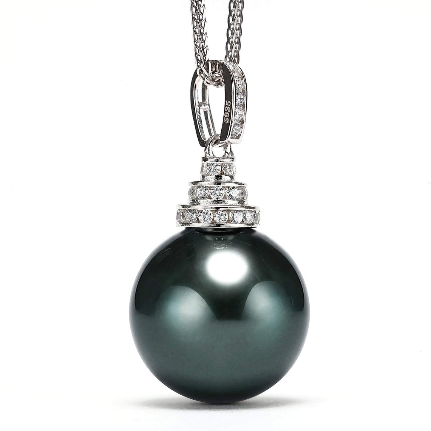 Micro-setting lab created stones blackish green Shell Pearl Classic necklace, sterling silver