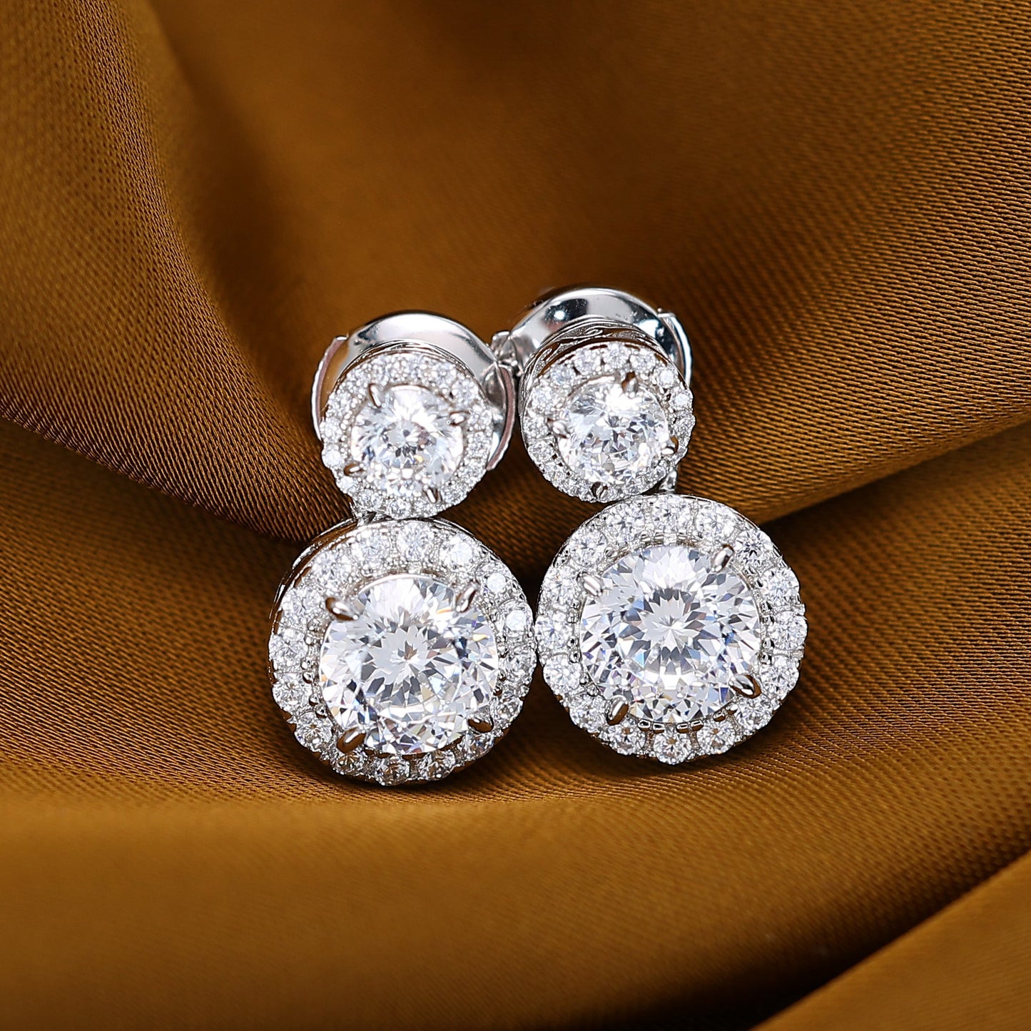 Promotional design Micro-setting Firework-cut Lab created stones big and small round shape earrings, sterling silver