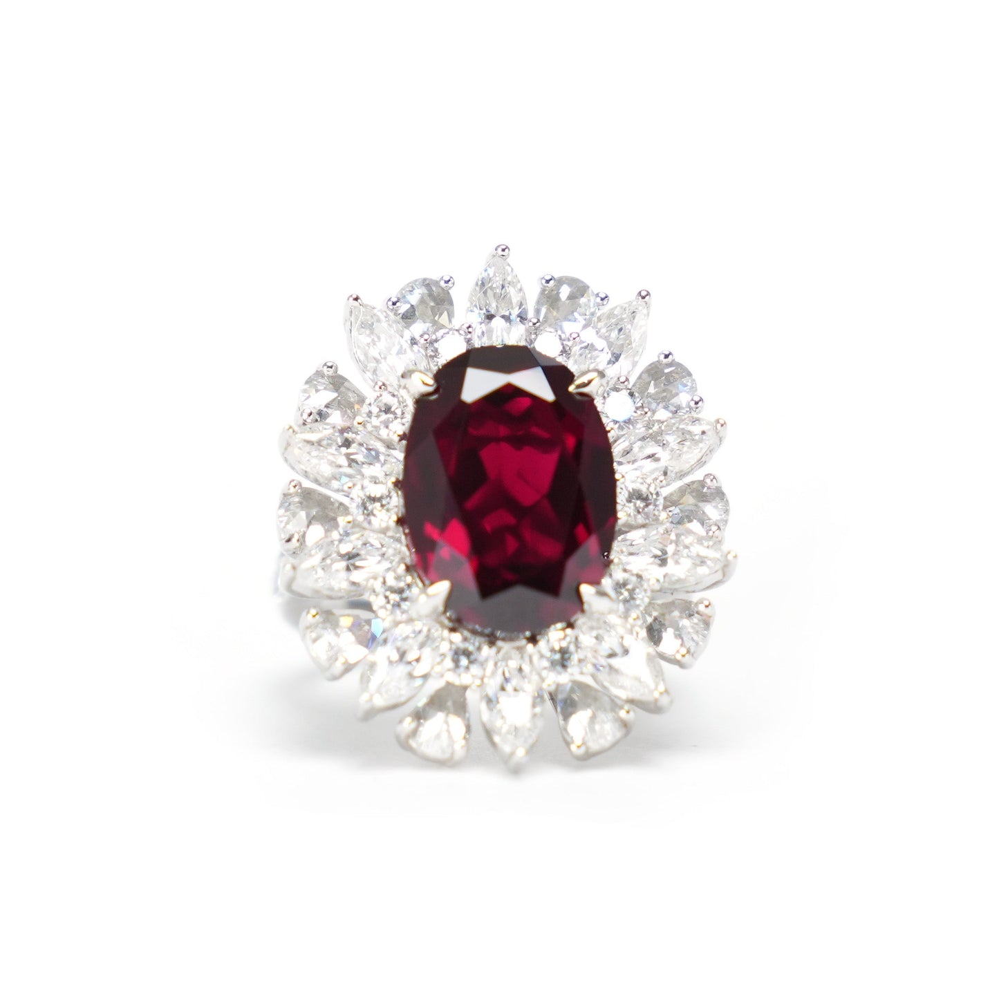 Micro-setting Oval ruby color Lab created stones Ice and snow flower ring, sterling silver(8.6 carat)