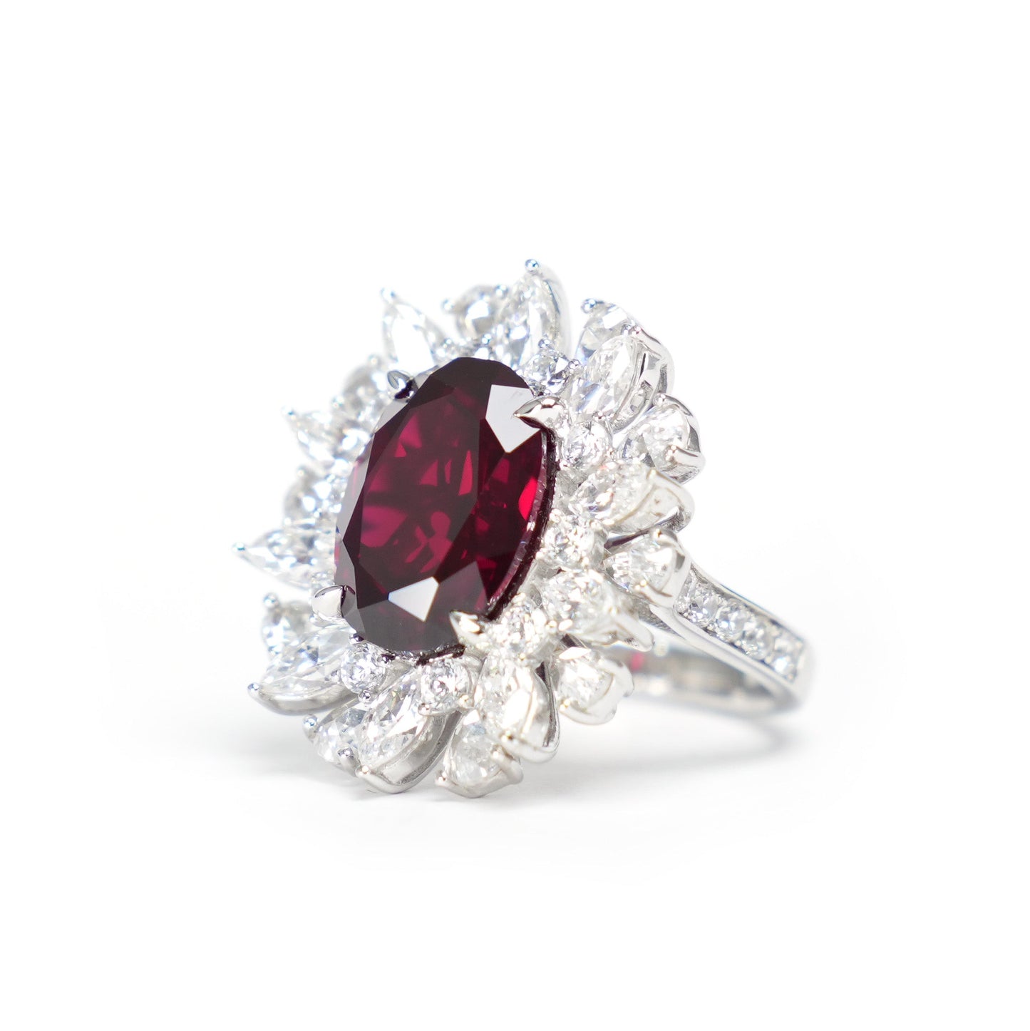 Micro-setting Oval ruby color Lab created stones Ice and snow flower ring, sterling silver(8.6 carat)