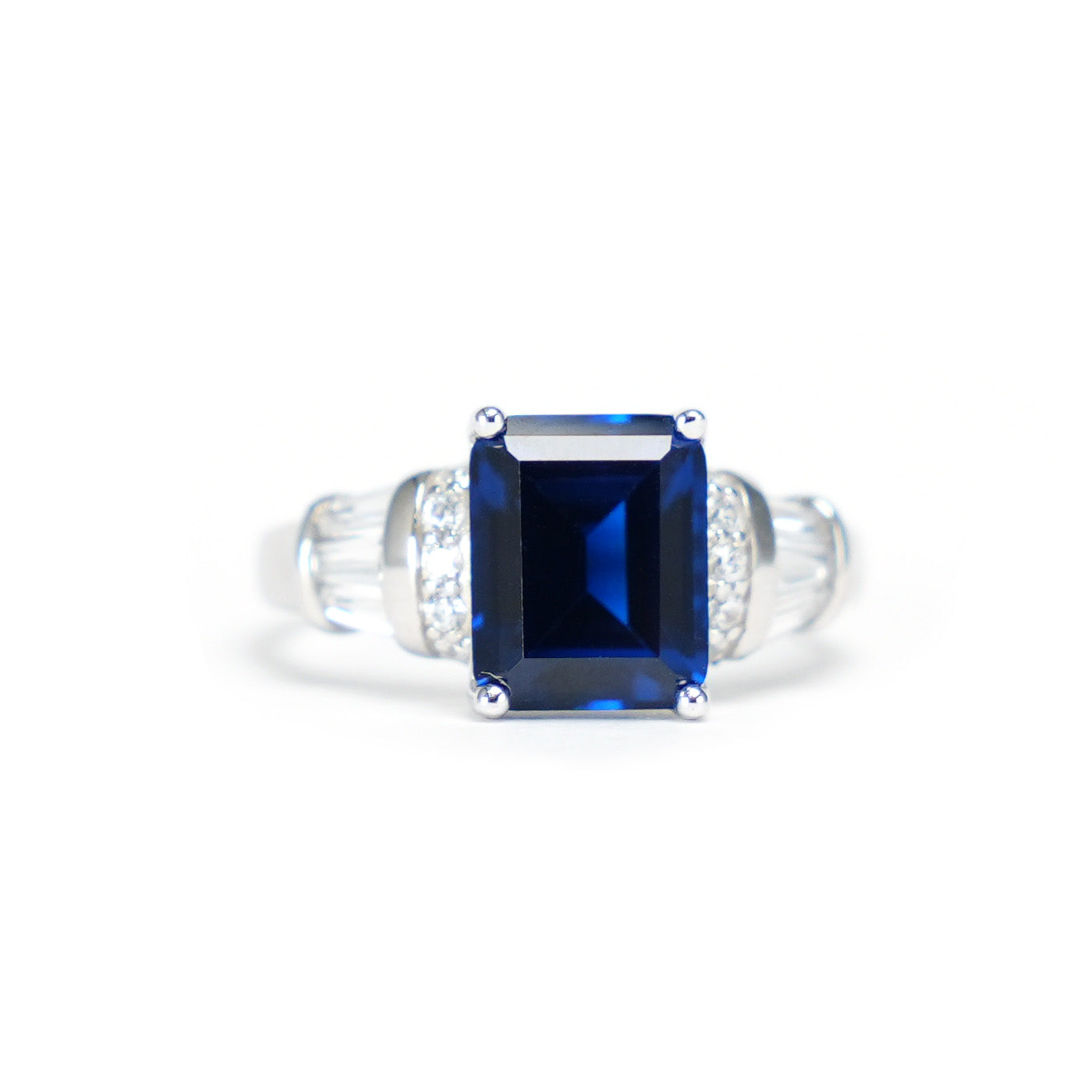 Micro-setting sapphire color emerald-cutting Lab created stones elegant ring, sterling silver