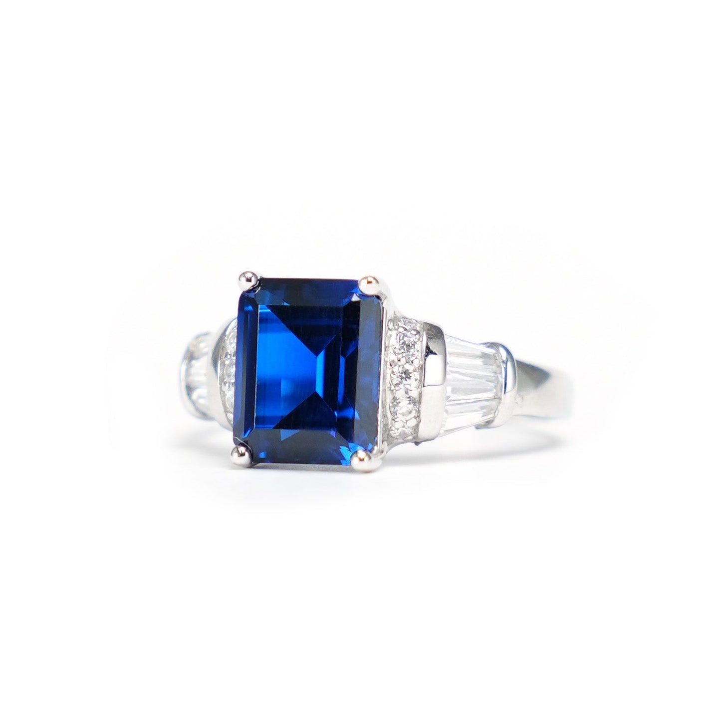 Micro-setting sapphire color emerald-cutting Lab created stones elegant ring, sterling silver