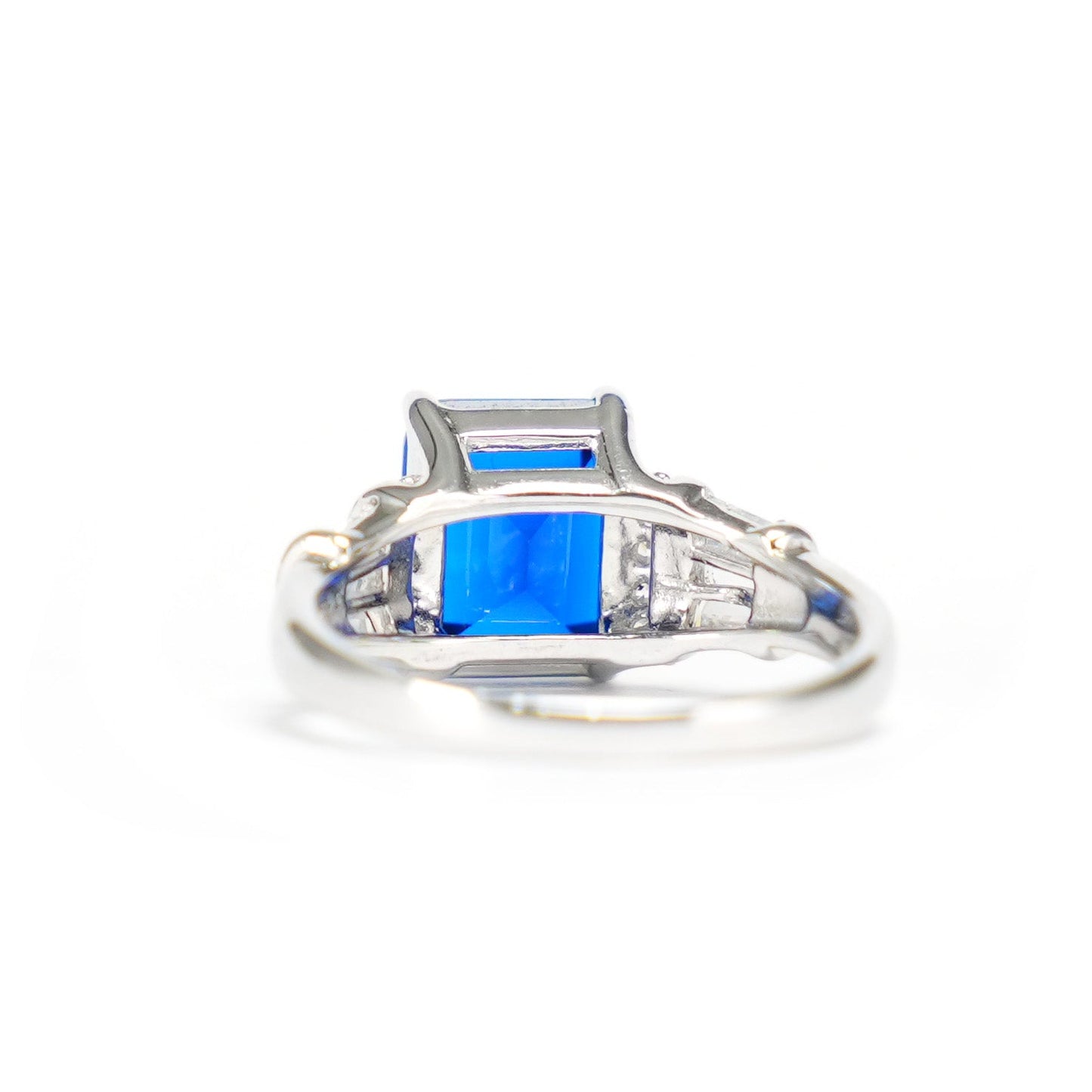 Micro-setting sapphire color emerald-cutting Lab created stones elegant ring, sterling silver