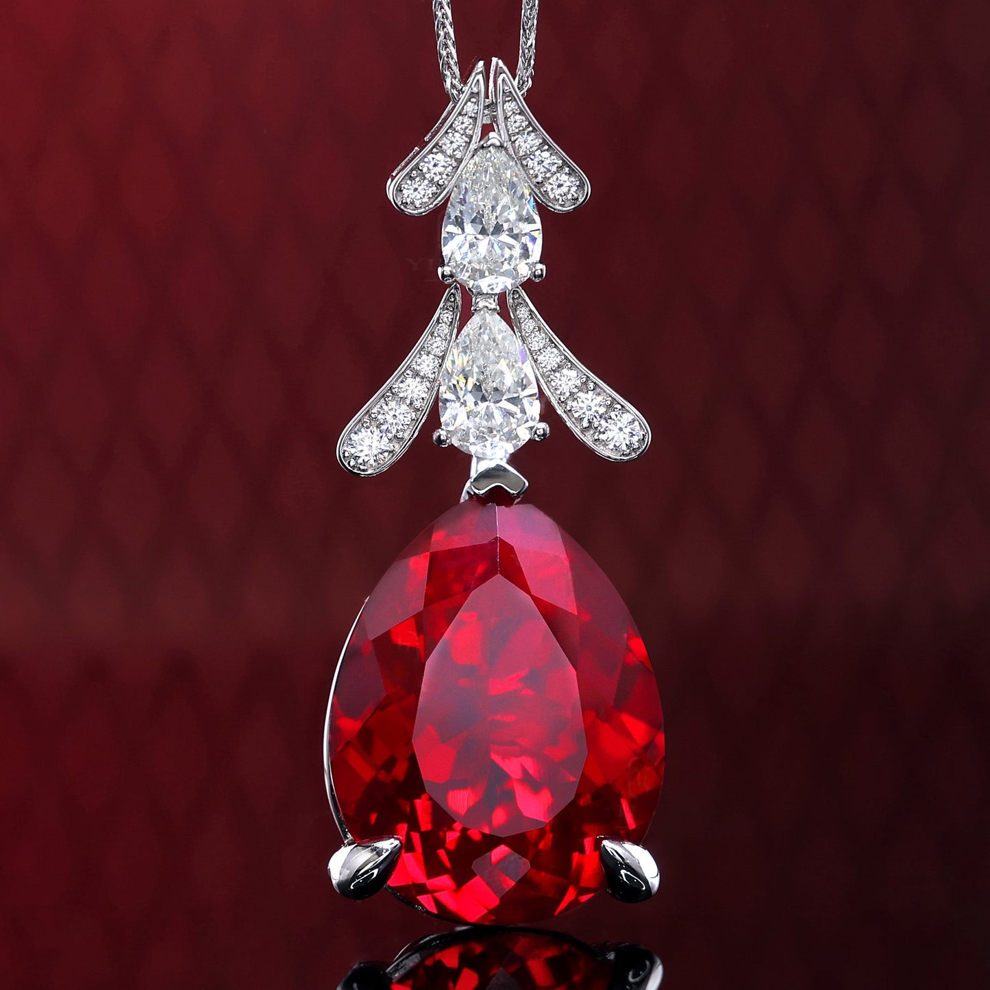 Micro-setting Ruby color water-drop fancy necklace, sterling silver.