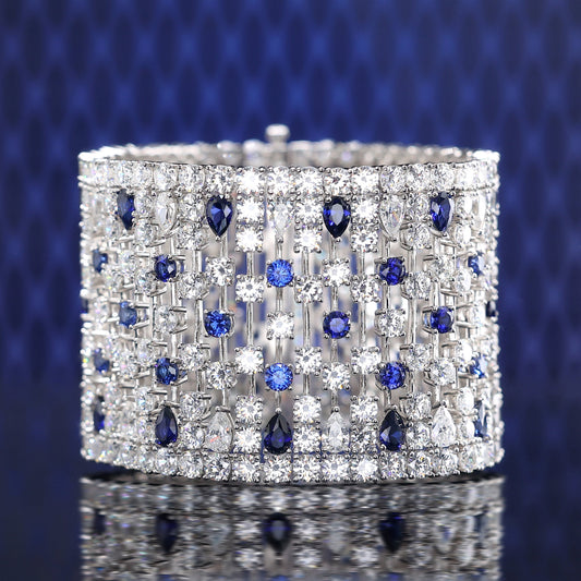 Promotioanl design Micro-setting Sapphire color Lab created stones detailed wide bracelet, sterling silver