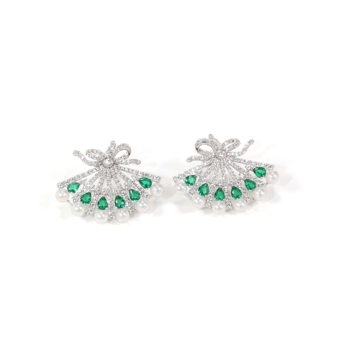 Micro-setting Emerald color lab created stones Snow flower and the secret fan earrings, sterling silver