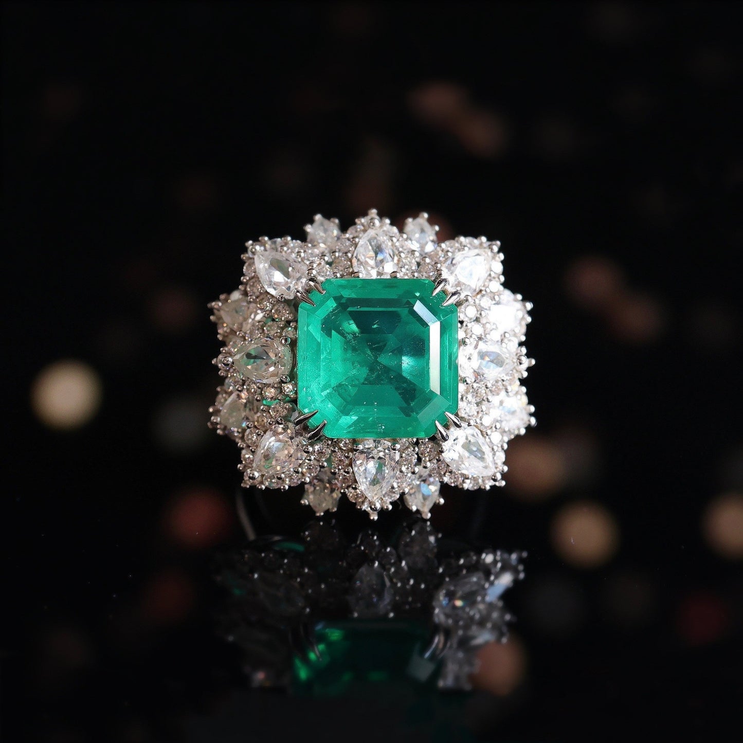 Micro-setting Emerald color Lab created stones fancy square shape fully studded ring sterling silver. (8.25 carat)