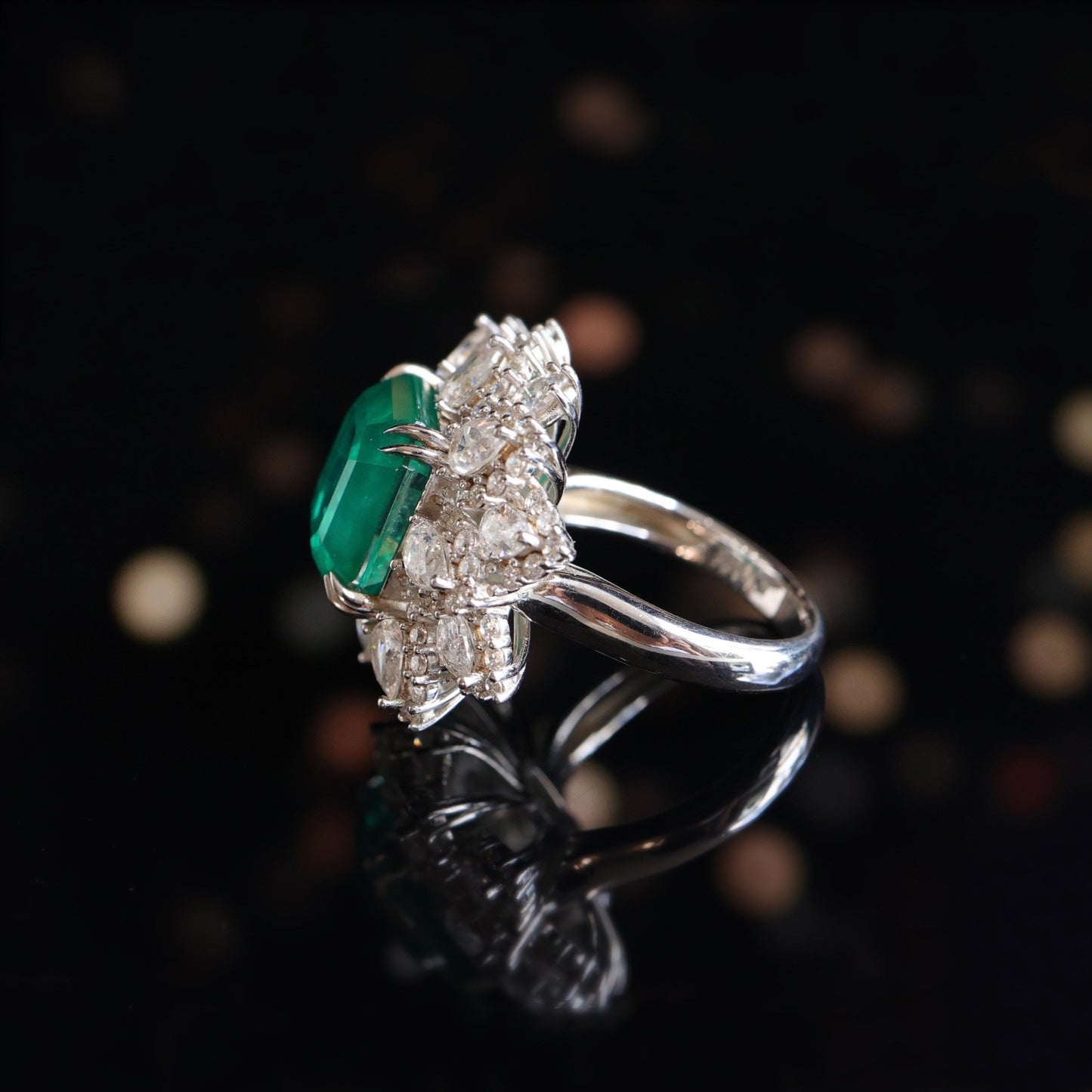 Micro-setting Emerald color Lab created stones fancy square shape fully studded ring sterling silver. (8.25 carat)
