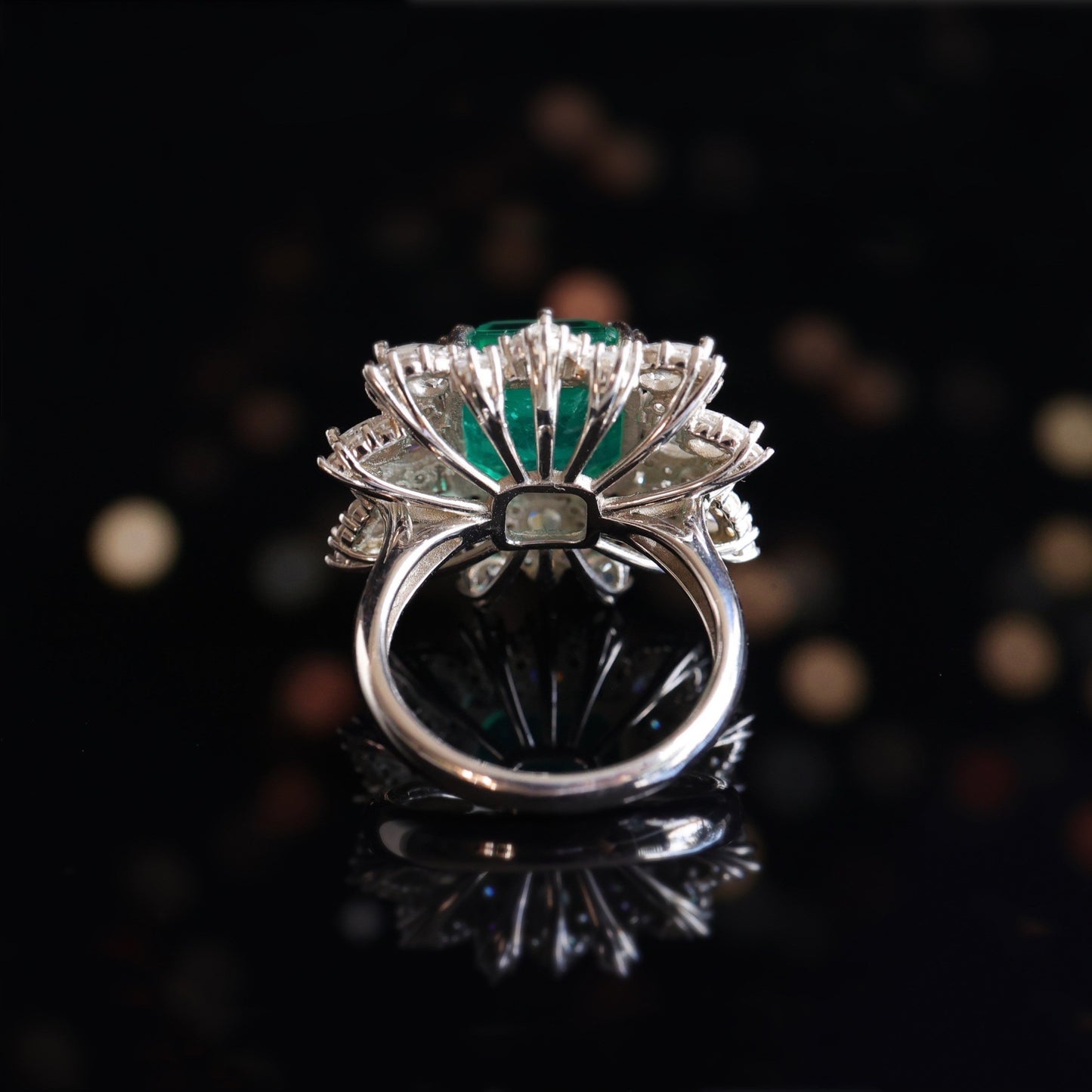 Micro-setting Emerald color Lab created stones fancy square shape fully studded ring sterling silver. (8.25 carat)