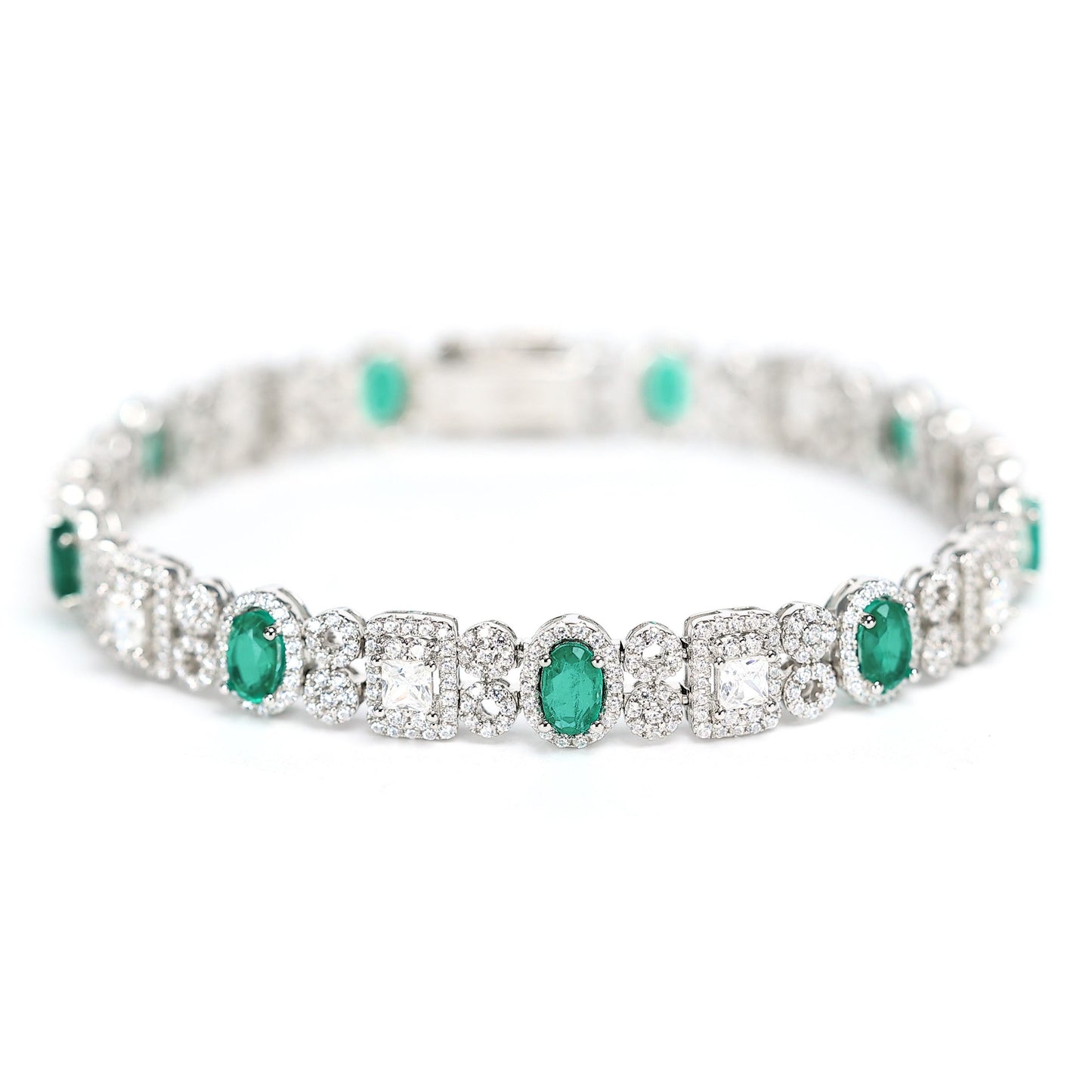 Micro-setting oval shape emerald color fully studded fancy bracelet, sterling silver