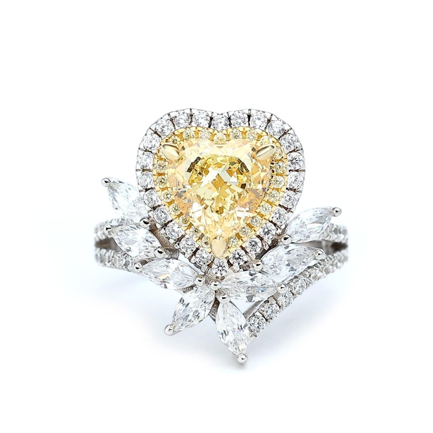 Micro-setting yellow diamond color Lab created stones heart ring, sterling silver (3.5 carat)