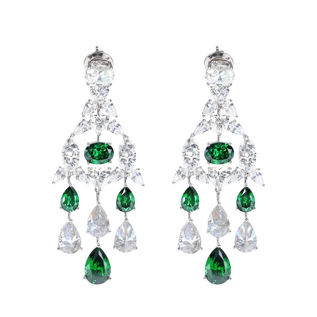 Micro-setting Emerald color Lab created stones teardrop fancy Palace style earrings, sterling silver