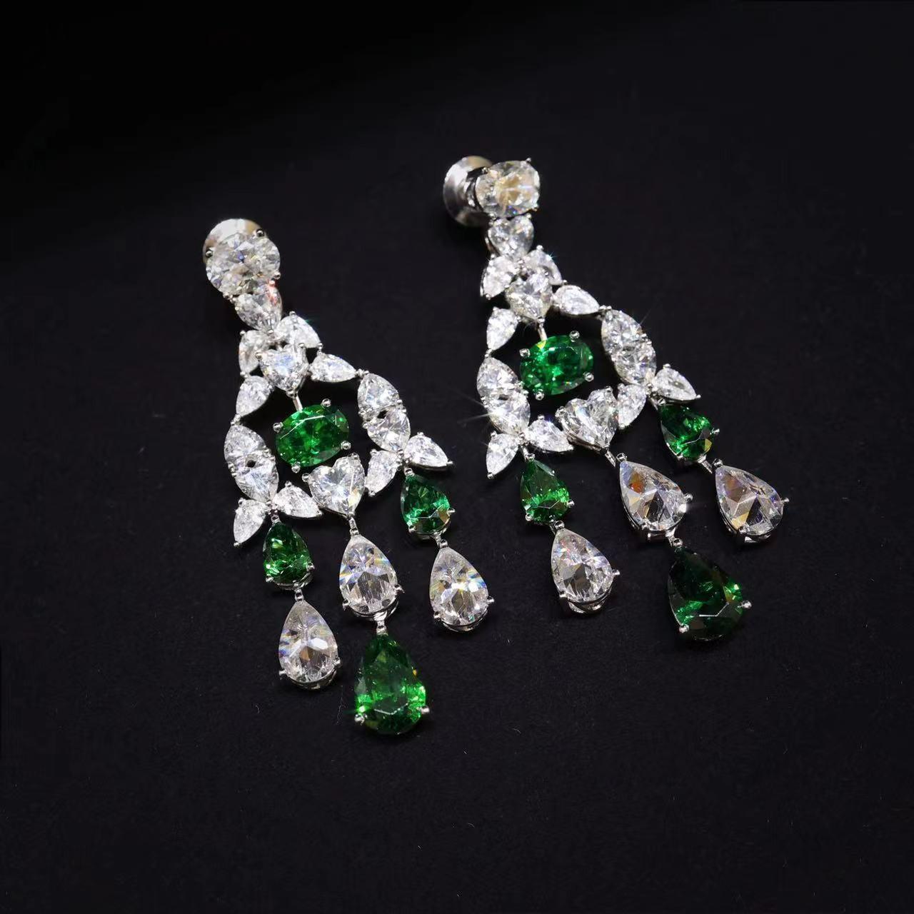 Micro-setting Emerald color Lab created stones teardrop fancy Palace style earrings, sterling silver