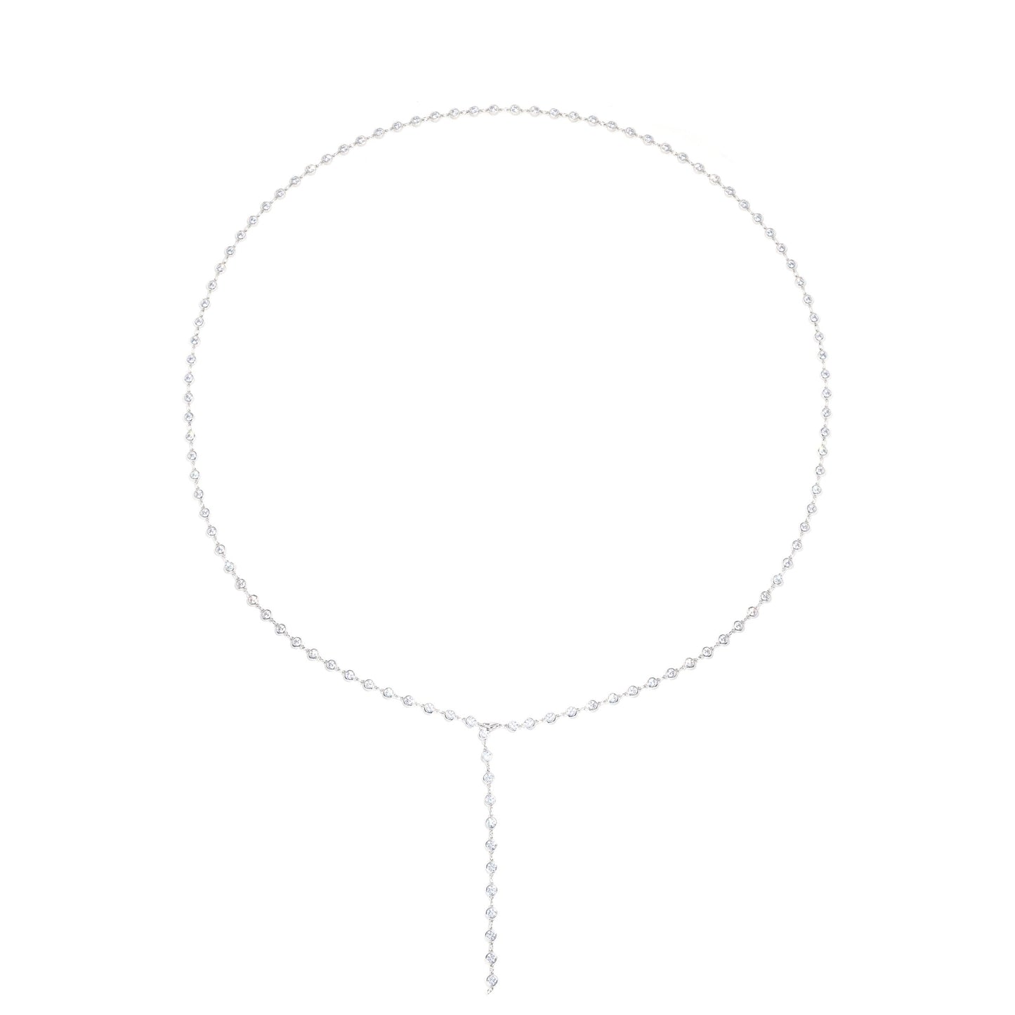 Micro-setting Clear diamond color brilliant cut bezel setting Lab created stones designer piece multi-purpose vey long necklace, sterling silver