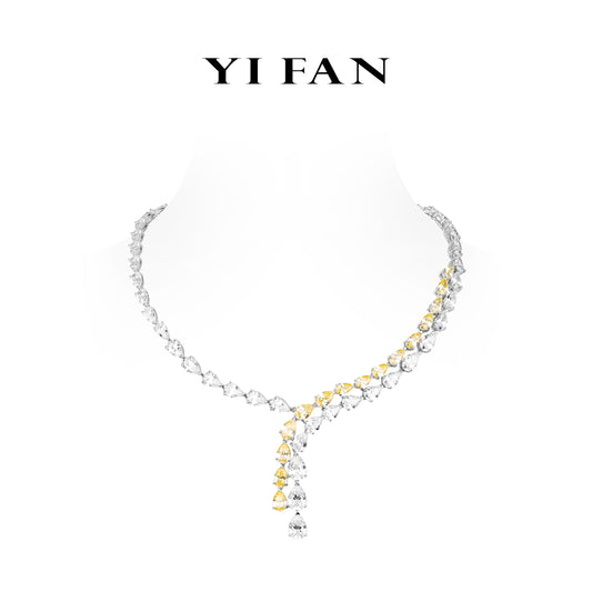 Micro-setting yellow and clear diamonds color lab created stones waterdrop fully studded fancy necklace