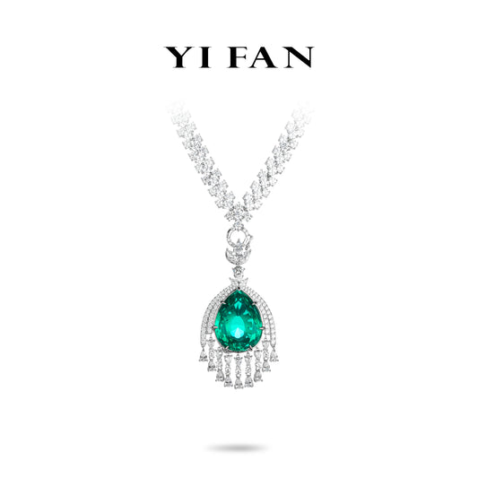 #2072 Micro-setting emerald color fancy waterdrop necklace, sterling silver