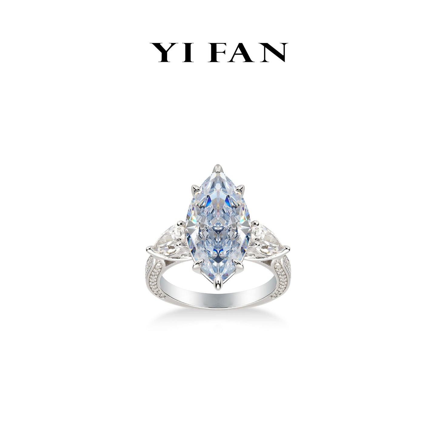 Micro-setting Intense blue diamond color Lab created stones marquise ring, sterling silver