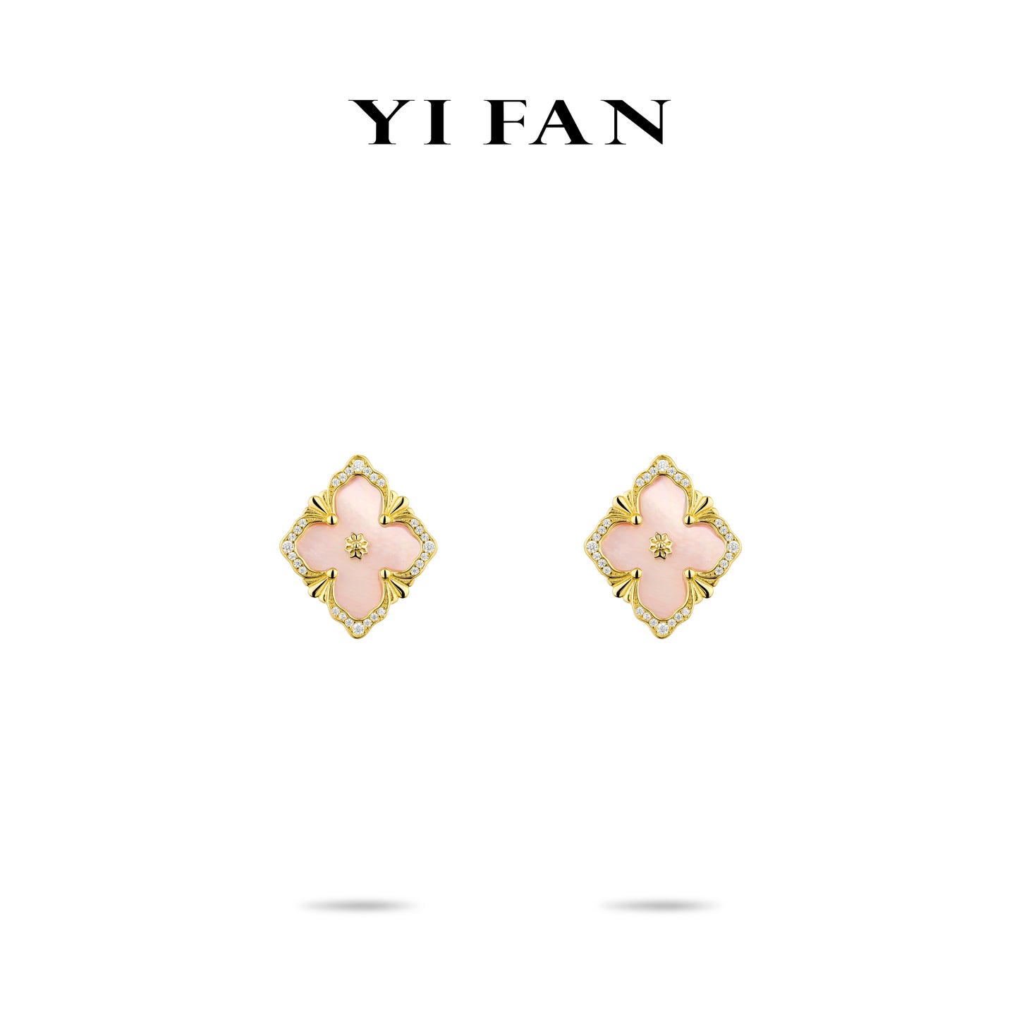 Golden time collection: Modern "Pink Mother-of-Pearl carved 4-petal Flower'detailed Pendant Earrings