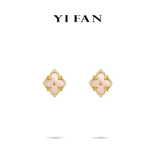 Golden time collection: Modern "Pink Mother-of-Pearl carved 4-petal Flower'detailed Pendant Earrings