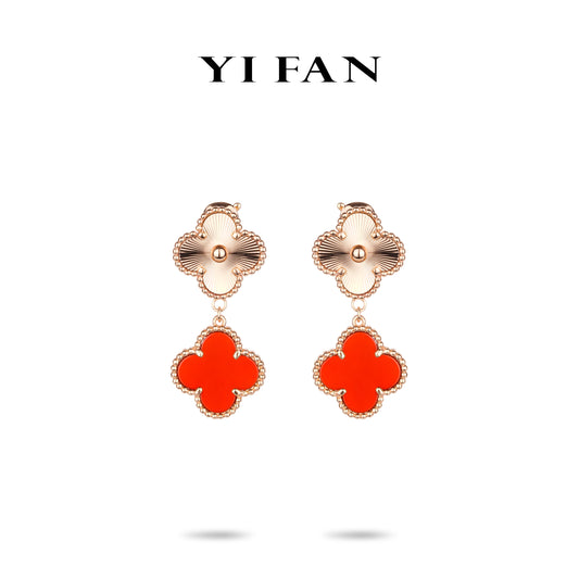 Four-leaf clover series: Modern Rose gold "Red lucky-clover" Double flower Earrings