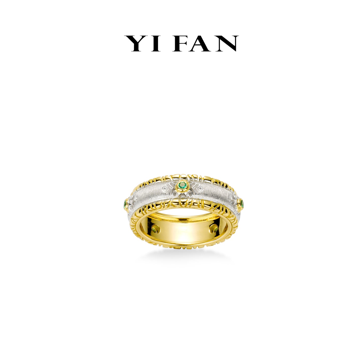 Golden time collection:“Modern ltalian brushed silver green starlight”detailed Ring