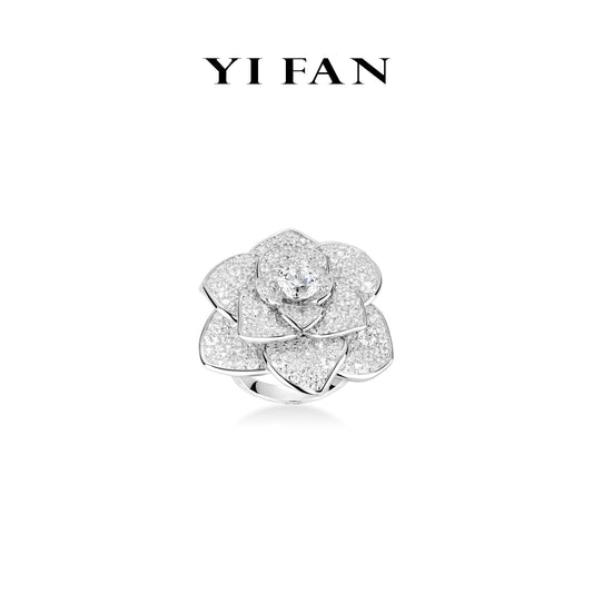 #10139 Micro-setting Clear diamond color Lab created stones luxury Camellia ring, sterling silver