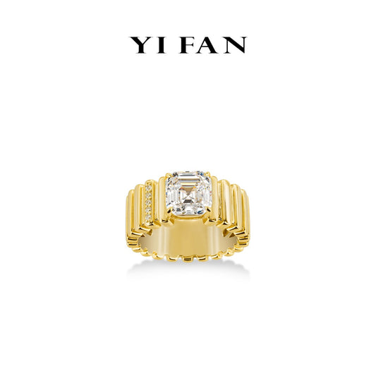 Golden time collection: Modern Asscher-cut detailed wide band Ring