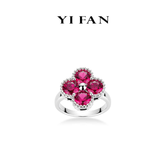 Ruby color collection: Modern Rose-Red "Luck 4-petaled Flower" detailed Ring