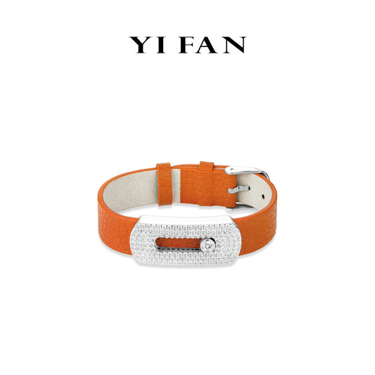 High Jewelrv collection: Modern"Orange Leather Belt slidable" detailed wide Wristband/Bracelet (Unisex)