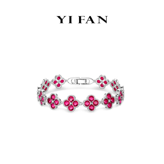 Ruby color collection: Modern Rose-Red"Luck 4-petaled Flowers" detailed Tennis Bracelet