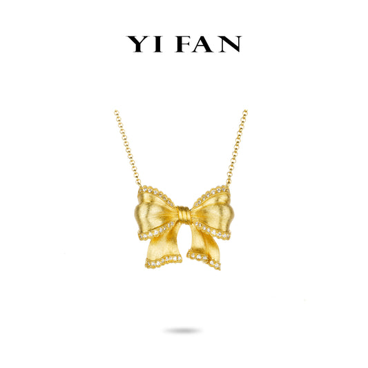 Golden time collection: Modern"Brushed Dazzling 30 Bow" detailed Necklace