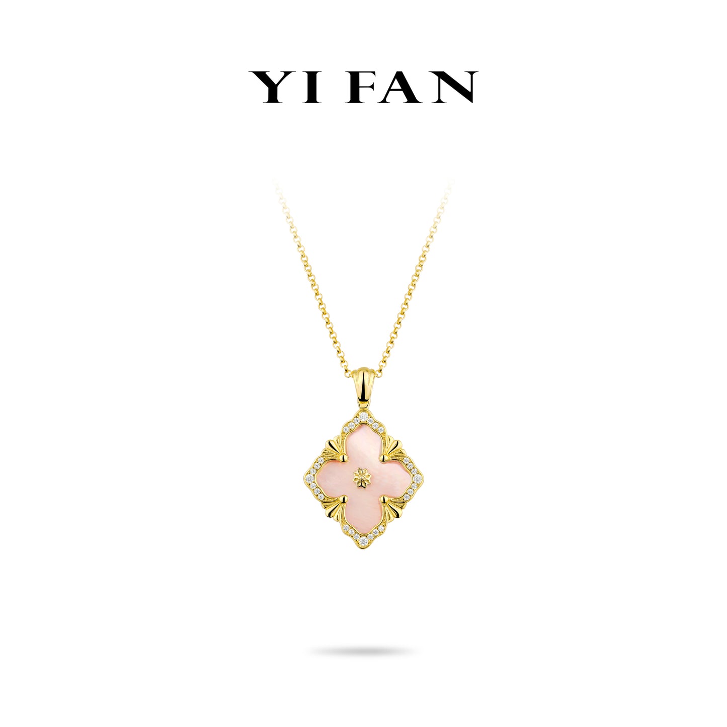 Golden time collection: Modern "Pink Mother-of-Pearl carved 4-petal Flower'detailed Pendant Necklace