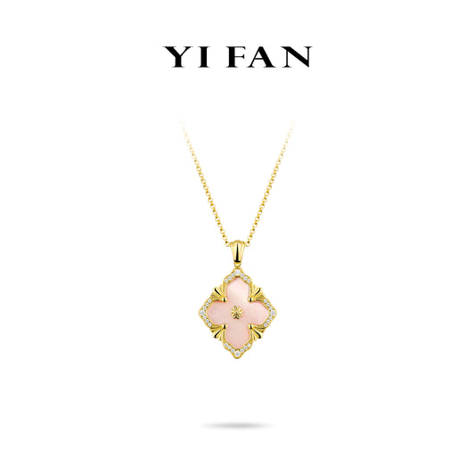 Golden time collection: Modern "Pink Mother-of-Pearl carved 4-petal Flower'detailed Pendant Necklace