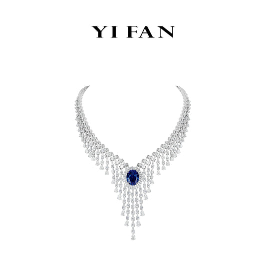 High-end Jewelry：Lab Created Gemstones Sapphire(blue) Necklace 925 sterling silver