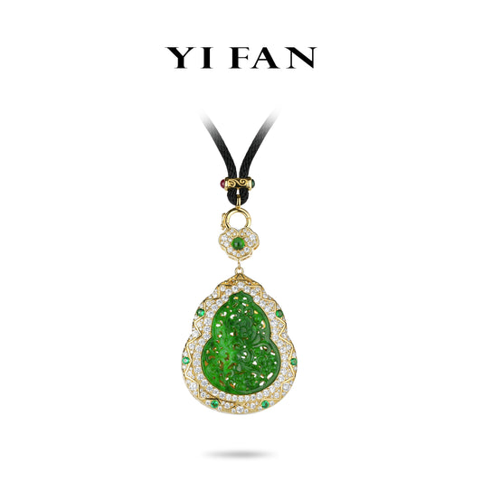 Pre-order High Jewelry Collection: Green hand-carved Jade Bottle gourd "Hulu" detailed box-pendant with secret back