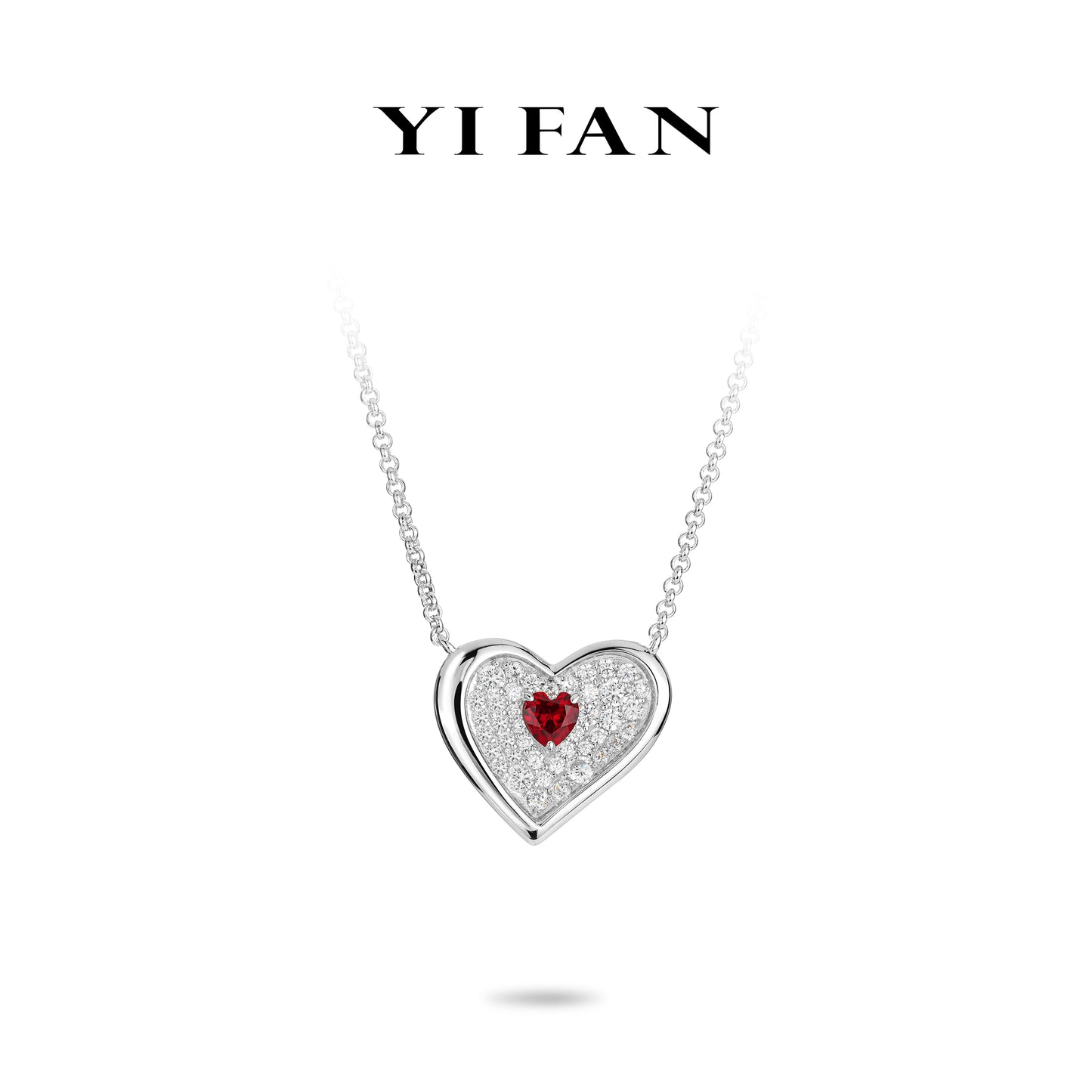 Lab Created Gemstones White Mosaic Red heart Necklace 925 sterling silver