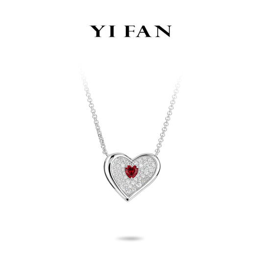 Lab Created Gemstones White Mosaic Red heart Necklace 925 sterling silver