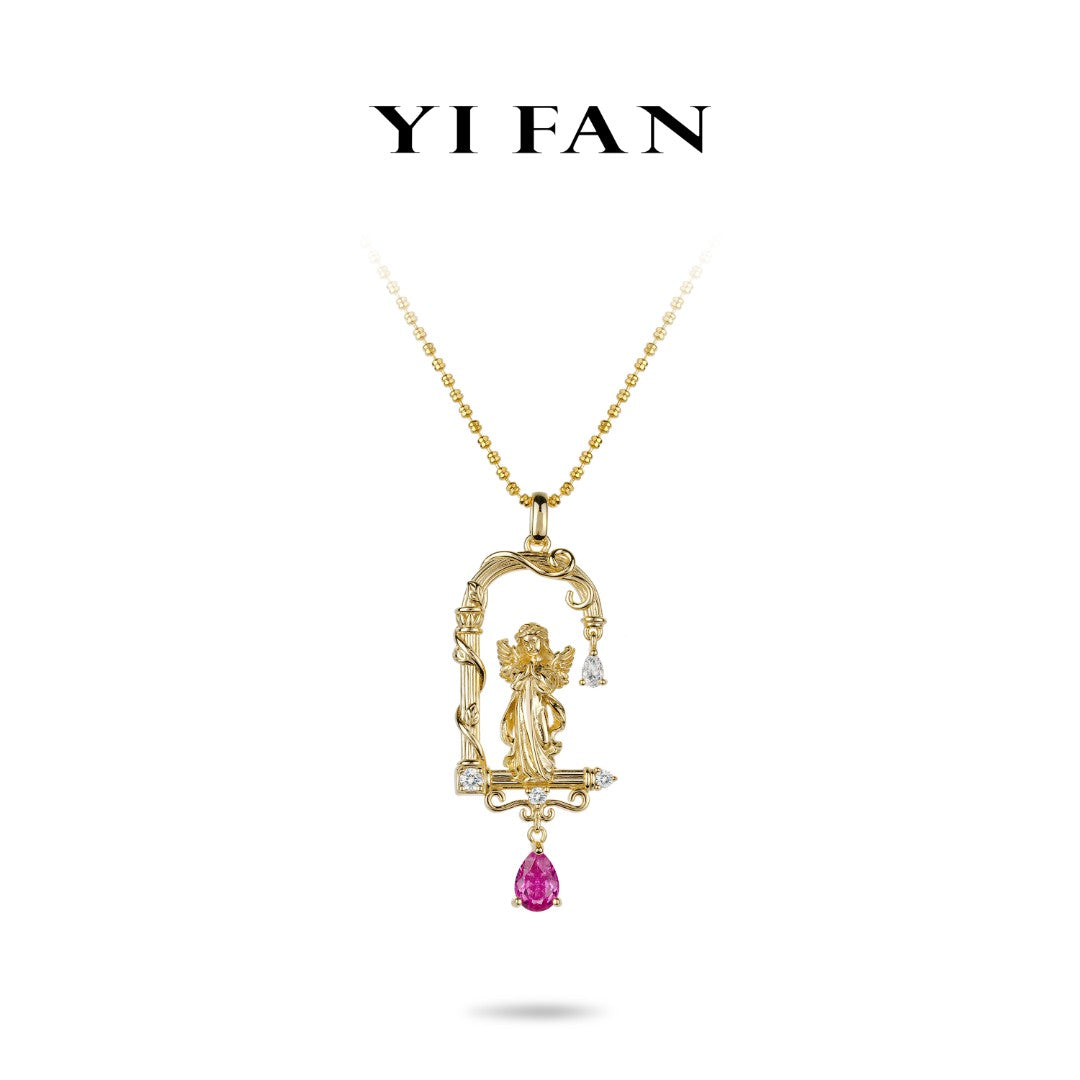 Golden time collection:Modern "Angel Wincwith Rose-red Teardrop" Pendant Necklace