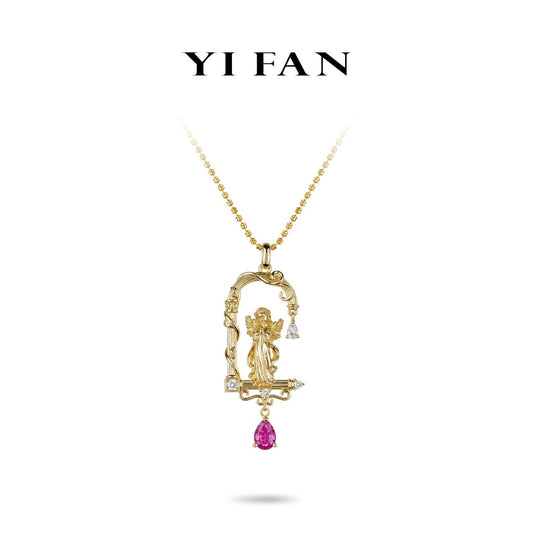 Golden time collection:Modern "Angel Wincwith Rose-red Teardrop" Pendant Necklace