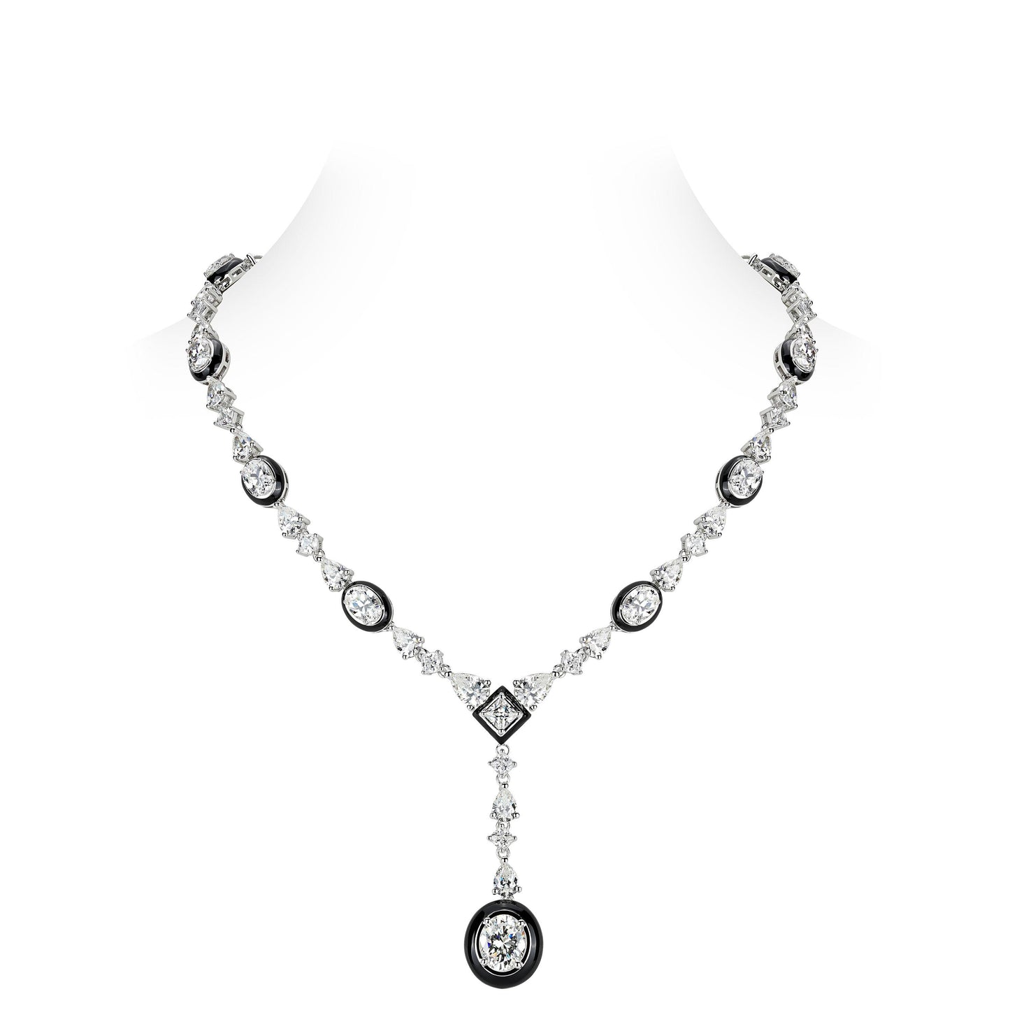 Lab Created Gemstones Black enamel White Necklace 925 sterling silver