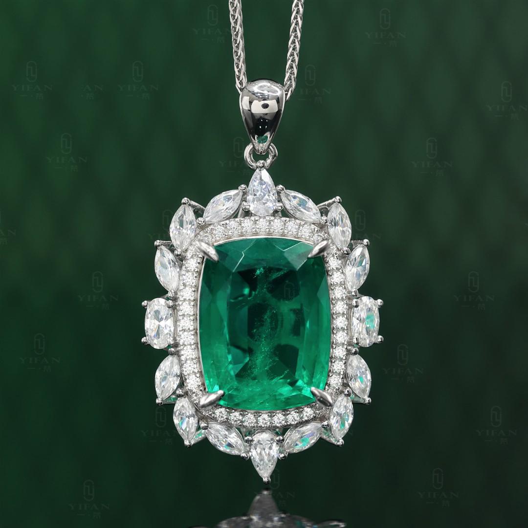 Micro-setting Rectangular horse eye shape emerald color Lab created stones necklace, sterling silver.( 13.5 carat )