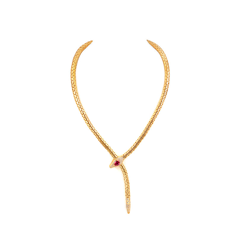 Golden Series：Lab Created Gemstones Ruby(red) Snake form Necklace 925 sterling silver