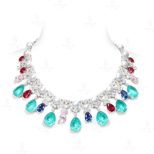 High Jewelry Lab Created Gemstones Paraiba Necklace 925 sterling silver