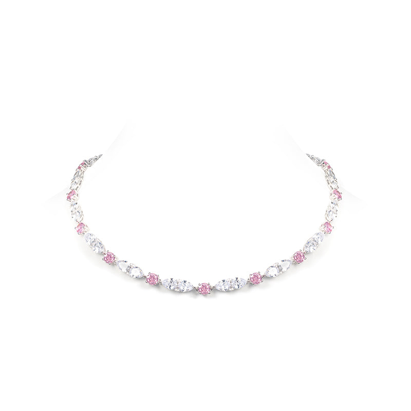 Wedding collection: Micro-setting pink and clear diamond color Lab created stones Marquise Collar necklace, sterling silver